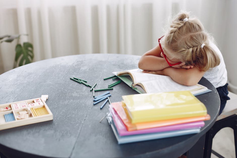 Tired child homework for math learning